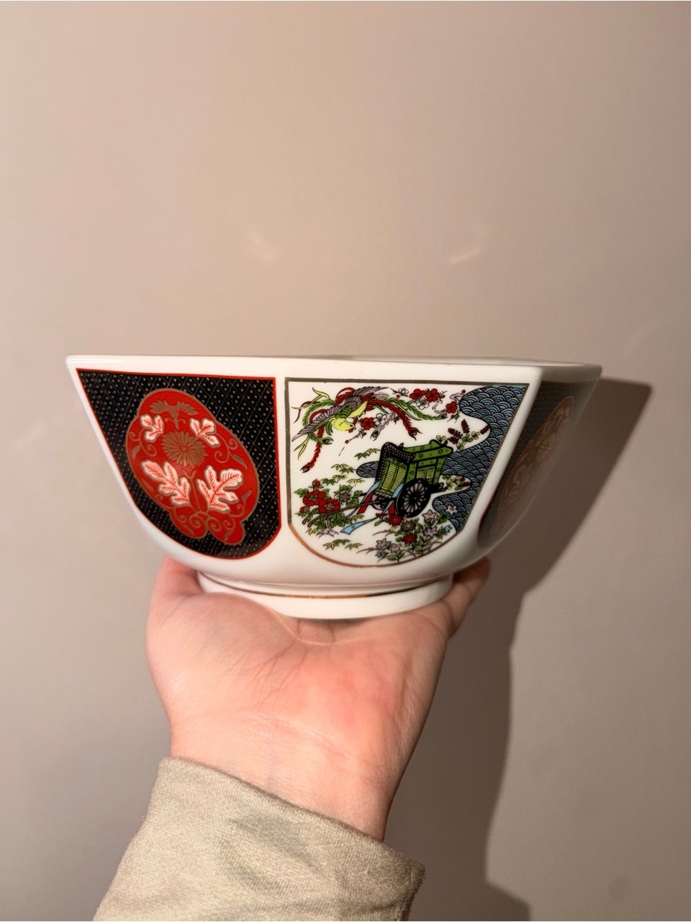 White Porcelain Ceramic Bowl with Red and Green Asian Motif